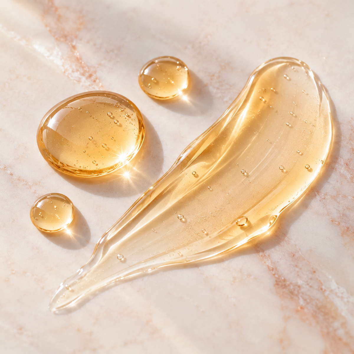 Drops of Hairtide serum on a smooth surface, showing the texture