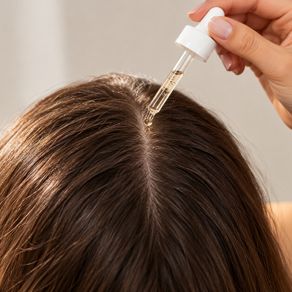 Applying Hairtide serum to the scalp with the dropper