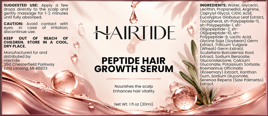 Full Hairtide serum label showing suggested use, cautions and ingredients