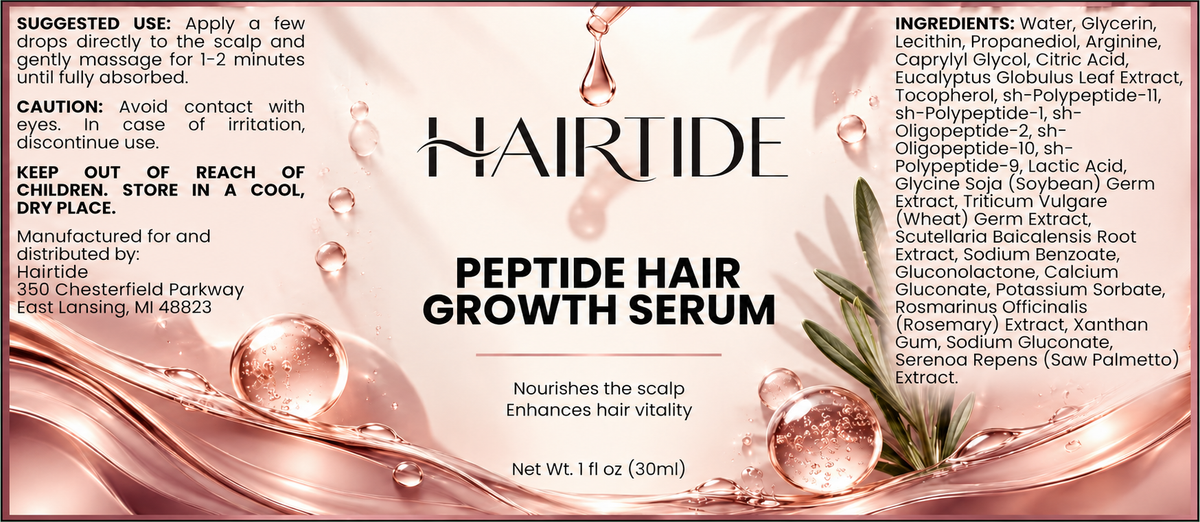 Full Hairtide serum label showing suggested use, cautions and ingredients